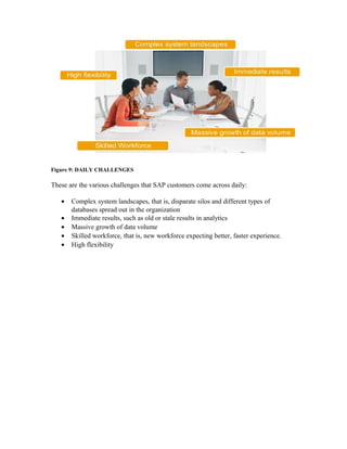 Figure 9: DAILY CHALLENGES
These are the various challenges that SAP customers come across daily:
• Complex system landscapes, that is, disparate silos and different types of
databases spread out in the organization
• Immediate results, such as old or stale results in analytics
• Massive growth of data volume
• Skilled workforce, that is, new workforce expecting better, faster experience.
• High flexibility
 