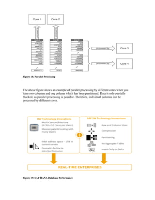 Figure 18: Parallel Processing
The above figure shows an example of parallel processing by different cores when you
have two columns and one column which has been partitioned. Data is only partially
blocked, so parallel processing is possible. Therefore, individual columns can be
processed by different cores.
Figure 19: SAP HANA Database Performance
 
