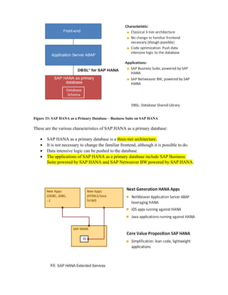 Figure 33: SAP HANA as a Primary Database – Business Suite on SAP HANA
These are the various characteristics of SAP HANA as a primary database:
• SAP HANA as a primary database is a three-tier architecture.
• It is not necessary to change the familiar frontend, although it is possible to do.
• Data intensive logic can be pushed to the database.
• The applications of SAP HANA as a primary database include SAP Business
Suite powered by SAP HANA and SAP Netweaver BW powered by SAP HANA.
 