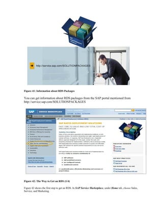 Figure 41: Information about RDS Packages
You can get information about RDS packages from the SAP portal mentioned from
http://service.sap.com/SOLUTIONPACKAGES
Figure 42: The Way to Get an RDS (1/4)
Figure 42 shows the first step to get an RDS. In SAP Service Marketplace, under Home tab, choose Sales,
Service, and Marketing.
 