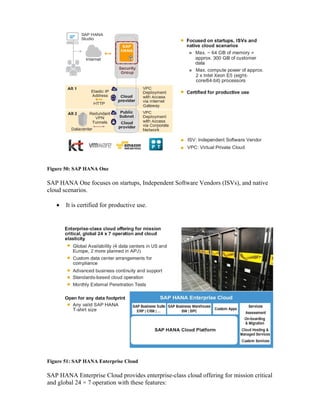 Figure 50: SAP HANA One
SAP HANA One focuses on startups, Independent Software Vendors (ISVs), and native
cloud scenarios.
• It is certified for productive use.
Figure 51: SAP HANA Enterprise Cloud
SAP HANA Enterprise Cloud provides enterprise-class cloud offering for mission critical
and global 24 × 7 operation with these features:
 