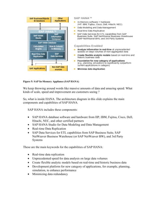 Figure 5: SAP In-Memory Appliance (SAP HANA)
We keep throwing around words like massive amounts of data and amazing speed. What
kinds of scale, speed and improvement are customers seeing ?
So, what is inside HANA. The architecture diagram in this slide explains the main
components and capabilities of SAP HANA.
SAP HANA includes these components:
• SAP HANA database software and hardware from HP, IBM, Fujitsu, Cisco, Dell,
Hitachi, NEC, and other certified partners
• SAP HANA Studio for Data Modeling and Data Management
• Real-time Data Replication
• SAP Data Services for ETL capabilities from SAP Business Suite, SAP
NetWeaver Business Warehouse (or SAP NetWeaver BW), and 3rd Party
Systems
These are the main keywords for the capabilities of SAP HANA:
• Real-time data replication
• Unprecedented speed for data analysis on large data volumes
• Create flexible analytic models based on real-time and historic business data
• Development platform for new category of applications, for example, planning,
simulation, to enhance performance
• Minimizing data redundancy
 