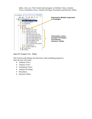 tables, views, etc. The Content node navigates to Attribute Views, Analytic
Views, Calculation Views, Analytic Priviliges, Procedures and Decision Tables.
Figure 59: Navigator View – Models
The Content node displays the data from a data modeling perspective.
Here the user will create:
• Attribute Views
• Analytic Views
• Calculation Views
• Analytic Privileges
• Procedures
• Decision Tables
 