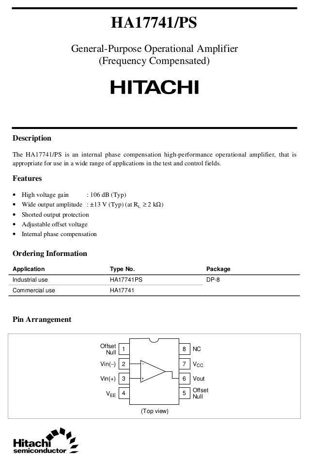 HA17741 General Purpose Operational Amplifier