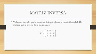 MATRIZ INVERSA
• Ya hemos logrado que la matriz de la izquierda sea la matriz identidad. De
manera que la inversa de la ma...