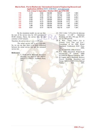 Bhavin Patel, Pravin Bhathawala / International Journal of Engineering Research and
                    Applications (IJERA) ISSN: 2248-9622 www.ijera.com
                    Vol. 2, Issue 5, September- October 2012, pp.1278-1284
         118             4.13            0.62        122.98    124.07         0.47        1.09
         119             0.81            0.73        127.11    127.84         0.00        0.73
         120             0.64            0.55        127.92    128.47         0.00        0.55
         121             0.00            0.77        128.56    129.33         0.00        0.77
         122             0.03            0.73        128.56    130.06         0.77        1.50
         123             0.31            0.53        128.59    130.59         1.47        2.00
         124             1.86            0.74        128.90    131.33         1.69        2.43
         125             0.01            0.77        130.76    132.10         0.57        1.34


         By the simulation model, we can say that,            (2) J.D.C. Little, “A Proof for the Queuing
the sum of the service time for 125 customers is                  Formula:        𝐿 = 𝜆𝑊”,      Operations
83.48 minutes. Hence, the service time for one                    Research, vol. 9(3), 1961, pp. 383-387,
customer is 0.67 minutes.                                         doi:10.2307/167570.
Therefore, the service rate 𝜇 =
                                 1
                                     = 1.49 𝑐𝑝𝑚.              (3) K. Rust, “Using Little’s Law to
                                0.67                              Estimate Cycle Time and Cost”,
         The actual service rate is 𝜇 = 1.66 𝑐𝑝𝑚.
                                                                  Proceedings of the 2008 Winter
So, we can say that, there is no much difference
                                                                  Simulation Conference, IEEE Press,
between the actual service rate and the estimated
                                                                  Dec.                              2008,
service rate.
                                                                  doi:10.1109/WSC.2008.4736323.
                                                              (4) H.A. Taha, Operations Research-An
References                                                        Introduction. 8th Edition, ISBN
        (1) T. Altiok and B. Melamed, Simulation                  0131889230. Pearson Education, 2007.
            Modeling and Analysis with ARENA.                 (5) M. Laguna and J. Marklund, Business
            ISBN 0-12-370523-1. Academic Press,                   Process Modeling, Simulation and
            2007.                                                 Design. ISBN 0-13-091519-X. Pearson
                                                                  Prentice            Hall,         2005.




                                                                                         1284 | P a g e
 