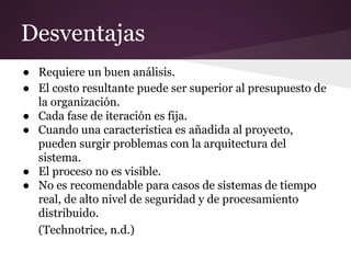 Desventajas
● Requiere un buen análisis.
● El costo resultante puede ser superior al presupuesto de
la organización.
● Cada fase de iteración es fija.
● Cuando una característica es añadida al proyecto,
pueden surgir problemas con la arquitectura del
sistema.
● El proceso no es visible.
● No es recomendable para casos de sistemas de tiempo
real, de alto nivel de seguridad y de procesamiento
distribuido.
(Technotrice, n.d.)

 