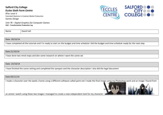 Salford City College 
Eccles Sixth Form Centre 
BTec Level 3 
Extended Diploma in Creative Media Production 
Games Design 
Unit 78 – Digital Graphics for Computer Games 
HA2 – Transformation Production Log 
Name David hall 
Date: 20/10/14 
I have completed all the tutorials and I’m ready to start on the budget and time schedule I did the budget and time schedule ready for the next step 
Date:21/10/14 
I have done two mind maps and don some research on where I want the scene set 
Date: 23/10/14 
I have finished the scene setting and completed the synopsis and the character description I also did the legal document 
Date:03/11/14 
I made a character over the week a home using a different software called paint.net I made the final image using my Photoshop work and an image I found from 
an anime I watch using these two images I managed to create a new independent look for my character + = 
 