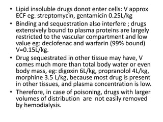 • Lipid insoluble drugs donot enter cells: V approx
ECF eg: streptomycin, gentamicin 0.25L/kg
• Binding and sequestration also interfere ; drugs
extensively bound to plasma proteins are largely
restricted to the vascular compartment and low
value eg: declofenac and warfarin (99% bound)
V=0.15L/kg.
• Drug sequestrated in other tissue may have, V
comes much more than total body water or even
body mass, eg: digoxin 6L/kg, propranolol 4L/kg,
morphine 3.5 L/kg, because most drug is present
in other tissues, and plasma concentration is low.
• Therefore, in case of poisoning, drugs with larger
volumes of distribution are not easily removed
by hemodialysis.
 