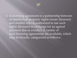  A licensing agreement is a partnership between
an intellectual property rights owner (licensor)
and another who is authorized to use such
rights (licensee) in exchange for an agreed
payment (fee or royalty). A variety of
such licensing agreements are available, which
may be broadly categorized as follows:
 