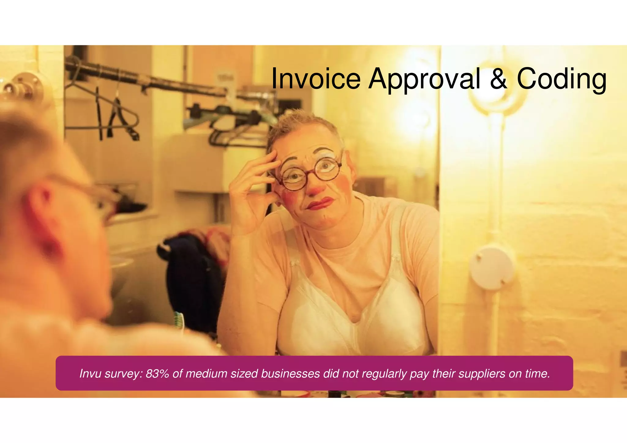 Invoice Approval & Coding
Invu survey: 83% of medium sized businesses did not regularly pay their suppliers on time.