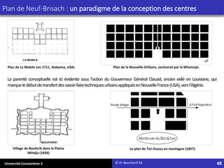 Université Constantine 3
Plan de Neuf-Brisach : un paradigme de la conception des centres
© Dr Bencherif M.
Plan de La Mobile (en 1711, Alabama, USA)
La parenté conceptuelle est ici évidente sous l'action du Gouverneur Général Clauzel, ancien exilé en Louisiane, qui
marqueledébutdetransfertdessavoir-fairetechniquesurbainsappliquésenNouvelleFrance(USA),versl'Algérie.
Le plan de Tizi-Ouzou en montagne (1857)
Plan de la Nouvelle-Orléans, sectionné par le Mississipi.
Village de Boufarik dans la Plaine
Mitidja (1836)
48
 