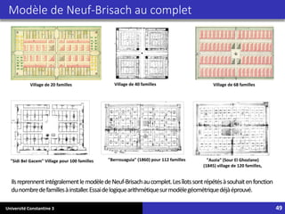 Université Constantine 3 49
Modèle de Neuf-Brisach au complet
"Auzia" (Sour El Ghozlane)
(1845) village de 120 familles,
IlsreprennentintégralementlemodèledeNeuf-Brisachaucomplet.Lesîlotssontrépétésàsouhaitenfonction
dunombredefamillesàinstaller.Essaidelogiquearithmétiquesurmodèlegéométriquedéjàéprouvé.
"Berrouaguia" (1860) pour 112 familles
"Sidi Bel Gacem" Village pour 100 familles
Village de 20 familles Village de 40 familles Village de 68 familles
 