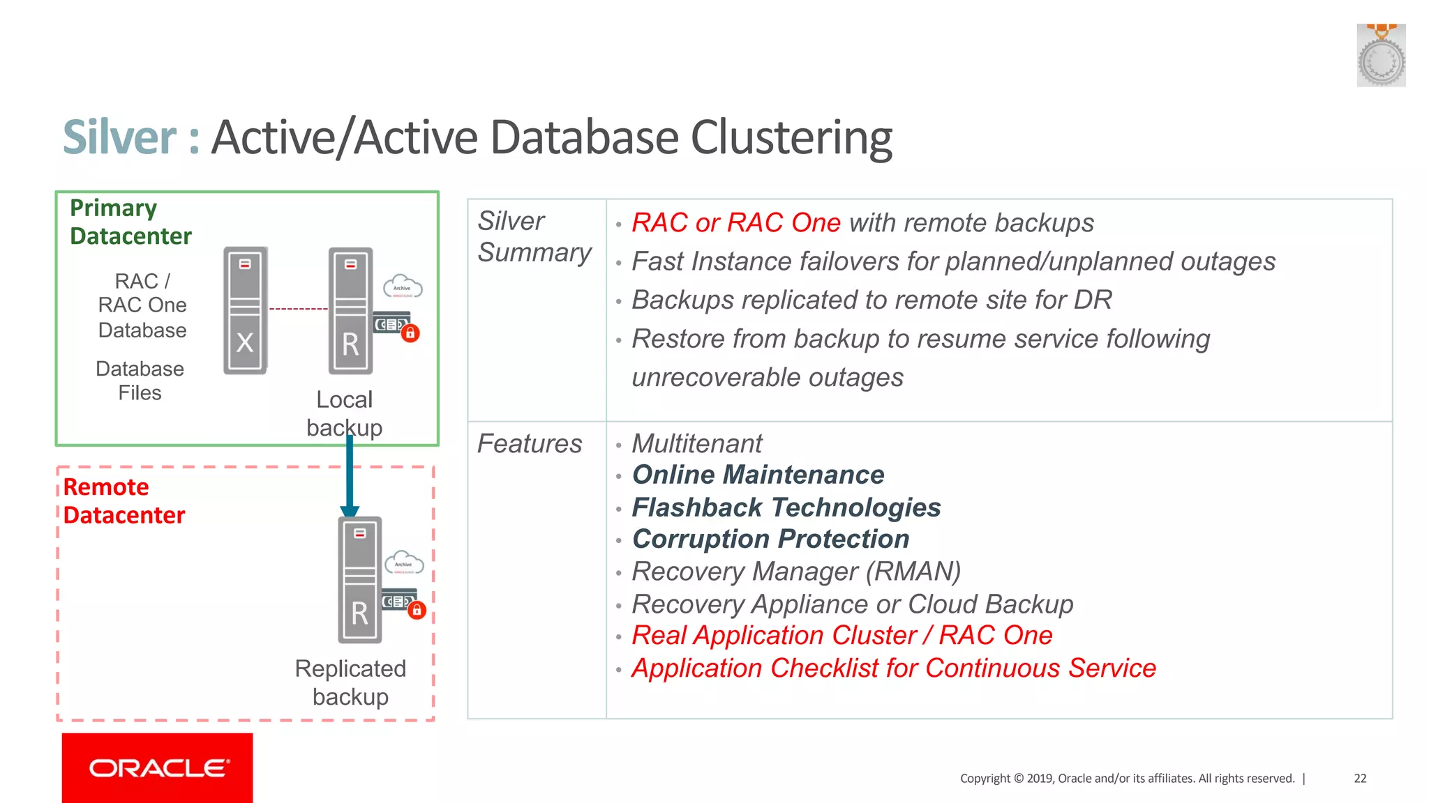 RAC / RAC One Database Database Files Local backup Silver : Active/Active Database Clustering Replicated backup Silver Summary • RAC or RAC One with remote backups • Fast Instance failovers for planned/unplanned outages • Backups replicated to remote site for DR • Restore from backup to resume service following unrecoverable outages Features • Multitenant • Online Maintenance • Flashback Technologies • Corruption Protection • Recovery Manager (RMAN) • Recovery Appliance or Cloud Backup • Real Application Cluster / RAC One • Application Checklist for Continuous Service Primary Datacenter Remote Datacenter R R Copyright © 2019, Oracle and/or its affiliates. All rights reserved. | 22 