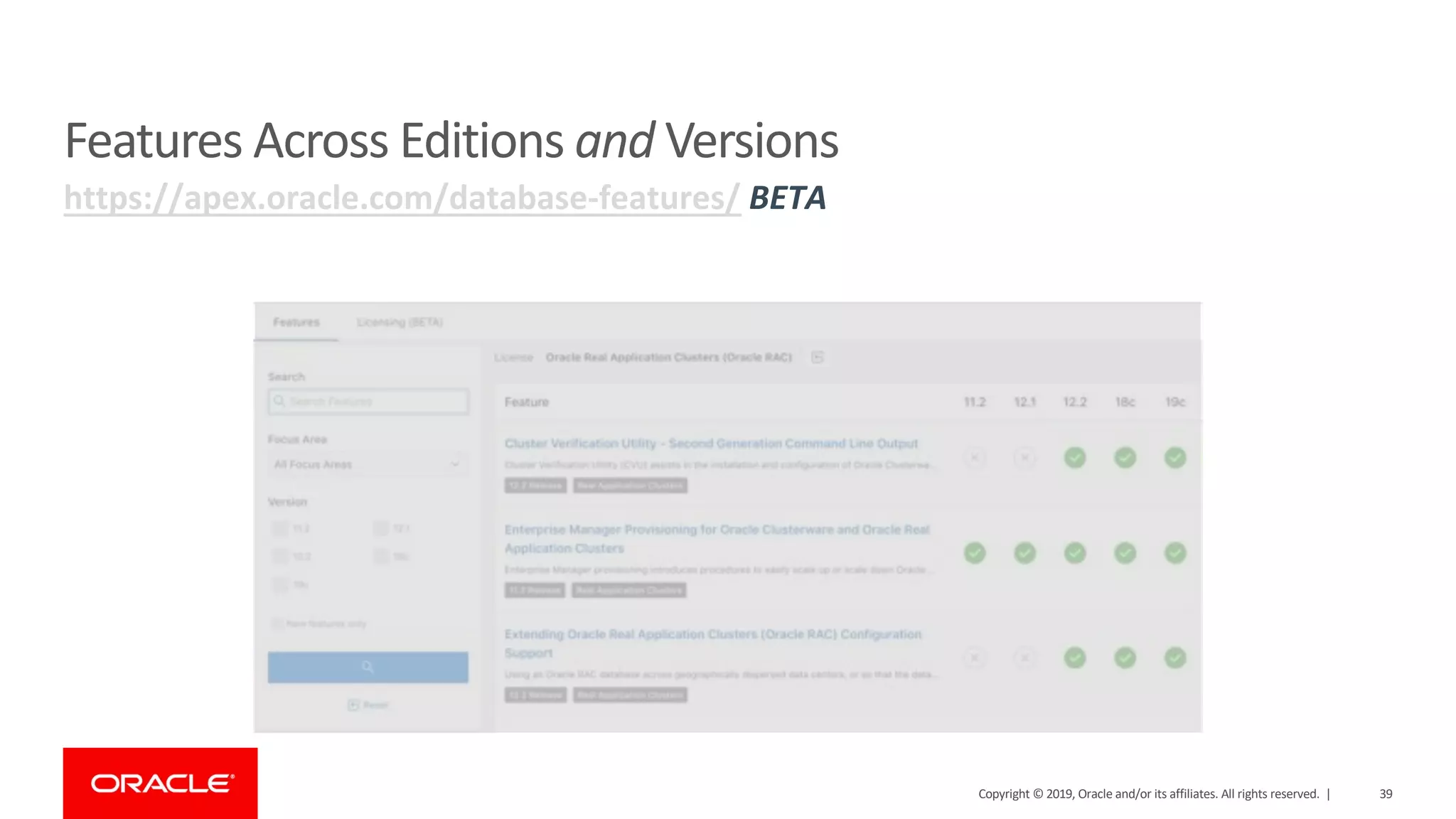 Features Across Editions and Versions https://apex.oracle.com/database-features/ BETA Copyright © 2019, Oracle and/or its affiliates. All rights reserved. | 39 