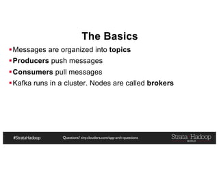 Questions? tiny.cloudera.com/app-arch-questions
The Basics
§Messages are organized into topics
§Producers push messages
§Consumers pull messages
§Kafka runs in a cluster. Nodes are called brokers
 