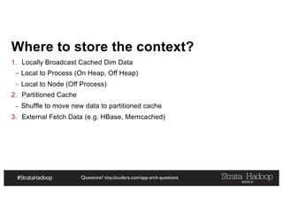 Questions? tiny.cloudera.com/app-arch-questions
Where to store the context?
1. Locally Broadcast Cached Dim Data
- Local to Process (On Heap, Off Heap)
- Local to Node (Off Process)
2. Partitioned Cache
- Shuffle to move new data to partitioned cache
3. External Fetch Data (e.g. HBase, Memcached)
 