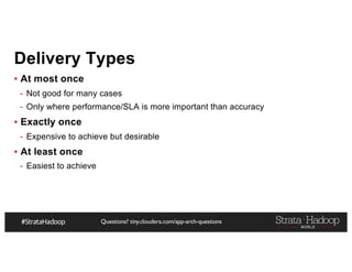 Questions? tiny.cloudera.com/app-arch-questions
Delivery Types
▪ At most once
- Not good for many cases
- Only where performance/SLA is more important than accuracy
▪ Exactly once
- Expensive to achieve but desirable
▪ At least once
- Easiest to achieve
 