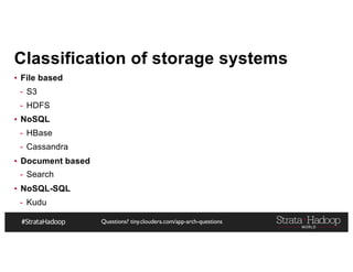 Questions? tiny.cloudera.com/app-arch-questions
Classification of storage systems
▪ File based
- S3
- HDFS
▪ NoSQL
- HBase
- Cassandra
▪ Document based
- Search
▪ NoSQL-SQL
- Kudu
 
