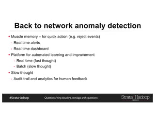 Questions? tiny.cloudera.com/app-arch-questions
§ Muscle memory – for quick action (e.g. reject events)
- Real time alerts
- Real time dashboard
§ Platform for automated learning and improvement
- Real time (fast thought)
- Batch (slow thought)
§ Slow thought
- Audit trail and analytics for human feedback
Back to network anomaly detection
 