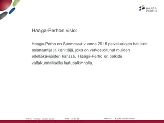 <ul><li>Haaga-Perhon visio: </li></ul><ul><li>Haaga-Perho on Suomessa vuonna 2016 palvelualojen halutuin asiantuntija ja k...