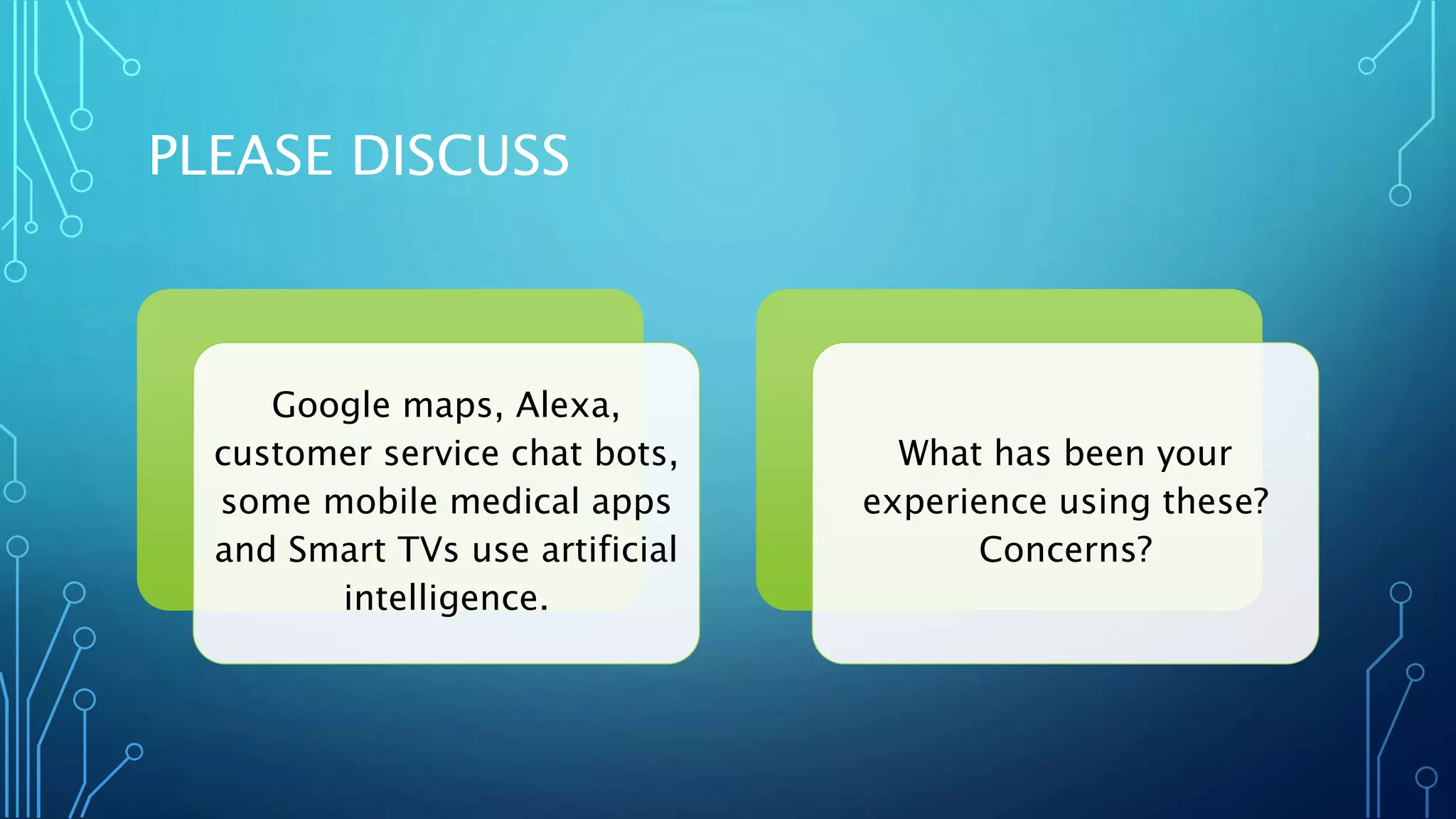 PLEASE DISCUSS
Google maps, Alexa,
customer service chat bots,
some mobile medical apps
and Smart TVs use artificial
intelligence.
What has been your
experience using these?
Concerns?
 