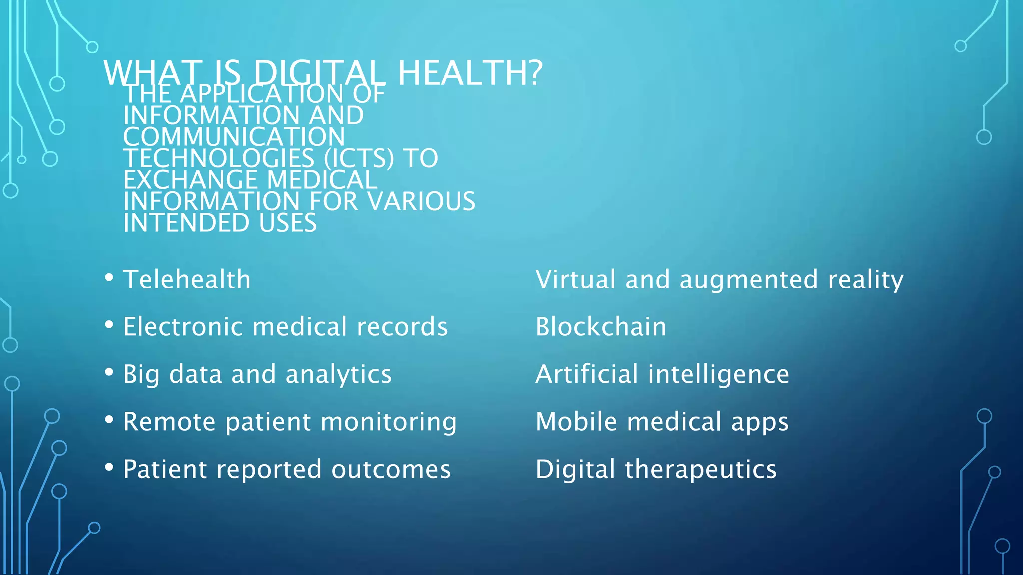 WHAT IS DIGITAL HEALTH?
THE APPLICATION OF
INFORMATION AND
COMMUNICATION
TECHNOLOGIES (ICTS) TO
EXCHANGE MEDICAL
INFORMATION FOR VARIOUS
INTENDED USES
• Telehealth
• Electronic medical records
• Big data and analytics
• Remote patient monitoring
• Patient reported outcomes
Virtual and augmented reality
Blockchain
Artificial intelligence
Mobile medical apps
Digital therapeutics
 