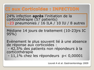 CI aux Corticoïdes : INFECTION
24% infection après l’initiation de la
corticothérapie (57 patients)
23 pneumonies / 16 ILA / 10 IU / 8 autres

Médiane 14 jours de traitement (10-23jrs IC
95%)

Evènement le plus souvent lié à une absence
de réponse aux corticoïdes :
 - 42,5% des patients non répondeurs à la
corticothérapie
 - 11,1% chez les répondeurs p< 0,00001

                      Louvet A et al. Gastroenterology 2009
 