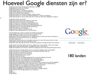 Hoeveel Google diensten zijn er? Google Natuurlijk de meest bekende website. Beschikbaar in alle talen Google Blog Search Zoeken naar WebBlogs. Google Books Zoeken naar boeken. Google Catalogs Zoeken in verschillende catalogusen. Google Desktop Applicatie die je hardeschijf doorzoekt. Google Directory Zoeken binnen categorieen. Google Finance Zoeken naar financiele instellingen, aandelen, opties etc. Google Maps Zoeken d.m.v. een kaart naar bedrijven/instellingen etc. Tevens een routeplanner. Google Nieuws Zoeken naar nieuws. Geeft nieuws weer van meer dan 100 bronnen. Mogelijkheid om pagina te personaliseren Google Patents Zoeken naar patenten. Google Product Search Zoeken naar producten in online shops. Google Scholar Zoeken naar literatuur in het onderwijs. Google Mac Zoeken naar onderwerpen die Apple gerelateerd zijn. Google Linux Zoeken naar onderwerpen die Linux gerelateerd zijn. Google Microsoft Zoeken naar onderwerpen die Microsoft gerelateerd zijn. Google BSD Zoeken naar onderwerpen die BSD gerelateerd zijn. Google Video Zoeken naar online film(pjes) Google Code Search Zoeken in openbare broncode. Google Sets Creëert zoekopdrachten d.m.v. een set woorden. YouTube Website waar je video’s van anderen kunt bekijken of zelf uploaden. Google Language Tools Vertaalt woorden en zinnen in verschillende talen. Google Talk Chatten en bellen met je vrienden met Google Talk Google Sketchup Geeft je de mogelijkheid om zeer makkelijk modelen te bouwen zoals huizen, voorwerpen etc. Picasa Software voor het beheer van al je foto’s en afbeeldingen. Orkut Een community site. Google Groups Praat met anderen over verschillende onderwerpen of creeer zelf een groep met bijv. je hobby. Gmail Google’s email dienst met meer dan 2,8 GB aan ruimte. Google Docs Creeer zelf je eigen documenten met Docs & Spreadsheets van Google. (binnenkort ook presentatie software) Google Calendar Een kalender applicatie die het ook mogelijk maakt om jouw kalender te delen met je vrienden. Blogger Altijd al je eigen blog willen hebben, met Blogger heb je deze in enkele minuten. Google Pack Google Pack is een selectie van software die Google prijst zoals: Firefox, Adobe Reader,Spyware Doctor, Skype etc. Google Web Accelerator Handige applicatie die ervoor zorgt dat de webpagina’s sneller worden geladen. Google Transit Plan je reis met het openbaar vervoer (zeer beperkt aantal steden, geen NL) Google Trends Zie wat de wereld aan het zoeken is. Google Earth Vlieg met je muis over de hele wereld. Google Mars Zeer gedetailleerde kaart van Mars Google Moon Kaarten van de maan. Google Page Creator Een zeer handige webapplicatie die je in staat stelt webpagina’s te bouwen. Google Related Links Een script die gerelateerde links op je website plaatst. Google Suggest Wanneer je een zoekopdracht intoetst heeft Google suggesties. iGoogle Maak zelf je eigen Google startpagina met verschillende gadgets. Google News Alerts Google emailt jou het nieuws dat je zelf d.m.v. een nieuwsitem of een topic hebt opgegeven. Google Notebook Google Notebook slaat al je favorieten online op zodat je overal ter wereld erbij kunt. Google Mini Google mini is een combinatie van hardware en software doorzoeken. Google Reader Geeft door jouw opgegeven feeds zoals RSS en Atom weer. Google Adsense De mogelijkheid om advertenties op je website te plaatsen. Google Adwords Mogelijkheid om advertenties als adverteerder op Google te plaatsen. Google Webmaster Tools Handige programma’s voor webmasters.  Google+  Google Picnik Google hoptspot 180 landen 