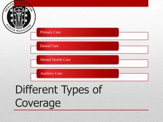 Primary Care


     Dental Care


     Mental Health Care


     Auditory Care



Different Types of
Coverage
 