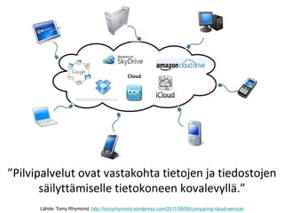 ”Pilvipalvelut ovat vastakohta tietojen ja tiedostojen säilyttämiselle tietokoneen kovalevyllä.” 
Lähde: Tomy Rhymond, http://tomyrhymond.wordpress.com/2011/08/06/comparing-cloud-service/  