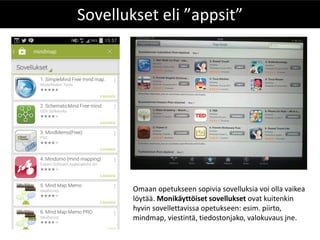 Sovellukset eli ”appsit” 
Omaan opetukseen sopivia sovelluksia voi olla vaikea löytää. Monikäyttöiset sovellukset ovat kuitenkin hyvin sovellettavissa opetukseen: esim. piirto, mindmap, viestintä, tiedostonjako, valokuvaus jne.  