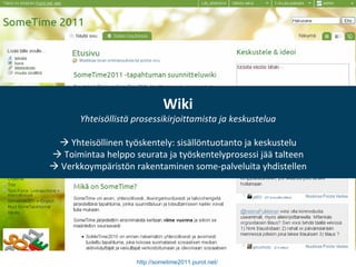 http://sometime2011.purot.net/   Wiki Yhteisöllistä prosessikirjoittamista ja keskustelua    Yhteisöllinen työskentely: s...