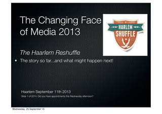 The Changing Face
of Media 2013
The Haarlem Reshufﬂe
The story so far...and what might happen next!
Slide 1 of 2074. Did you have appointments this Wednesday afternoon?
Haarlem September 11th 2013
Wednesday, 25 September 13
 