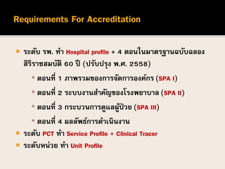  ระดับ รพ. ทา Hospital profile + 4 ตอนในมาตรฐานฉบับฉลอง
สิริราชสมบัติ 60 ปี (ปรับปรุง พ.ศ. 2558)
▪ ตอนที่ 1 ภาพรวมของการจัดการองค์กร (SPA I)
▪ ตอนที่ 2 ระบบงานสาคัญของโรงพยาบาล (SPA II)
▪ ตอนที่ 3 กระบวนการดูแลผู้ป่ วย (SPA III)
▪ ตอนที่ 4 ผลลัพธ์การดาเนินงาน
 ระดับ PCT ทา Service Profile + Clinical Tracer
 ระดับหน่วย ทา Unit Profile
 