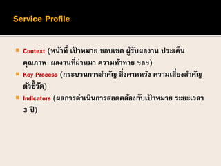  Context (หน้าที่ เป้ าหมาย ขอบเขต ผู้รับผลงาน ประเด็น
คุณภาพ ผลงานที่ผ่านมา ความท้าทาย ฯลฯ)
 Key Process (กระบวนการสาคัญ สิ่งคาดหวัง ความเสี่ยงสาคัญ
ตัวชี้วัด)
 Indicators (ผลการดาเนินการสอดคล้องกับเป้ าหมาย ระยะเวลา
3 ปี)
 