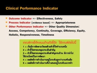  Outcome Indicator => Effectiveness, Safety
 Process Indicator (evidence based) => Appropriateness
 Other Performance Indicator => Other Quality Dimension:
Access, Competency, Continuity, Coverage, Efficiency, Equity,
Holistic, Responsiveness, Timeliness
 