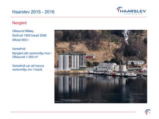 Haarslev 2015 - 2016
5
Nergård
Úlfasund Måløy
Stofnuð 1905 lokað 2006
Afköst 800 t
Verkefnið:
Nergård átti verksmiðju hús í
Úlfasundi 1.000 m2
Verkefnið var að hanna
verksmiðju inn í húsið.
 