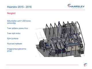 Haarslev 2015 - 2016
6
Nergård
Niðurstaðan varð 1.200 tonna
verksmiðja.
Tvær sjóðara- pressu línur
Tvær mjöl vindur.
Fjórir þurkarar.
Fluid bed mjölkælir
Þriggja þrepa glatvarma
eimari
 