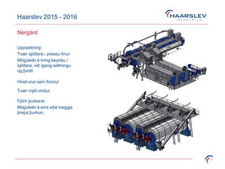 Haarslev 2015 - 2016
7
Nergård
Uppsettning:
Tvær sjóðara-, pressu línur.
Möguleiki á hring keyrslu í
sjóðara, við ígang settningu
og þvott
Hristi síur sem forsíur
Tvær mjöl vindur.
Fjórir þurkarar,
Möguleiki á eins eða tveggja
þrepa þurkun.
 