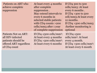 Patients on ART who
achieve complete
suppression
At least every 4 months
after complete
suppression .
May extend intervals to
every 6 months in
selected stable patients
with CD4 counts >200
cells/mm3 after 1 year
of complete suppression
If CD4 300 to 500
cells/mm3 :At least
every 6 months .
If CD4 >300 to 500
cell/mm3:At least every
12 months.
If CD4 >500 cells/mm3
:further monitoring is
optional
Patients Not on ART:
all HIV-infected
patients should be
offered ART regardless
of CD4 count
If CD4 ≤500 cells/mm3:
At least every 4 months
If CD4 >500 cells/mm3:
At least every 6 months
If CD4 ≤500
cells/mm3: At least
every 4 month.
If CD4 >500 cells/mm3:
At least every 6 month
 