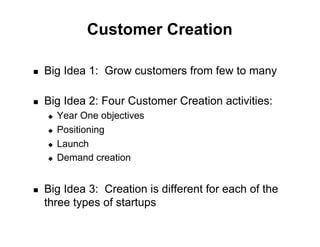 Customer Creation
                    Big Ideas
!    Big Idea 1: Grow customers from few to many

!    Big Idea 2: Four Customer Creation activities:
     "    Year One objectives
     "    Positioning
     "    Launch
     "    Demand creation


!    Big Idea 3: Creation is different for each of the
     three types of startups

                                                         3
                                                         3
 