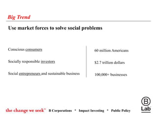 B Corporations * Impact Investing * Public Policy
Big Trend
Use market forces to solve social problems
Conscious consumers
Socially responsible investors
Social entrepreneurs and sustainable business
60 million Americans
$2.7 trillion dollars
100,000+ businesses
 