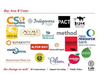 B Corporations * Impact Investing * Public Policy
Bay Area B Corps
 