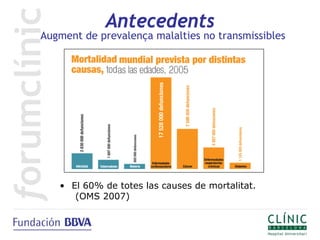 Antecedents
Augment de prevalença malalties no transmissibles




   • El 60% de totes las causes de mortalitat.
      (OMS 2007)
 