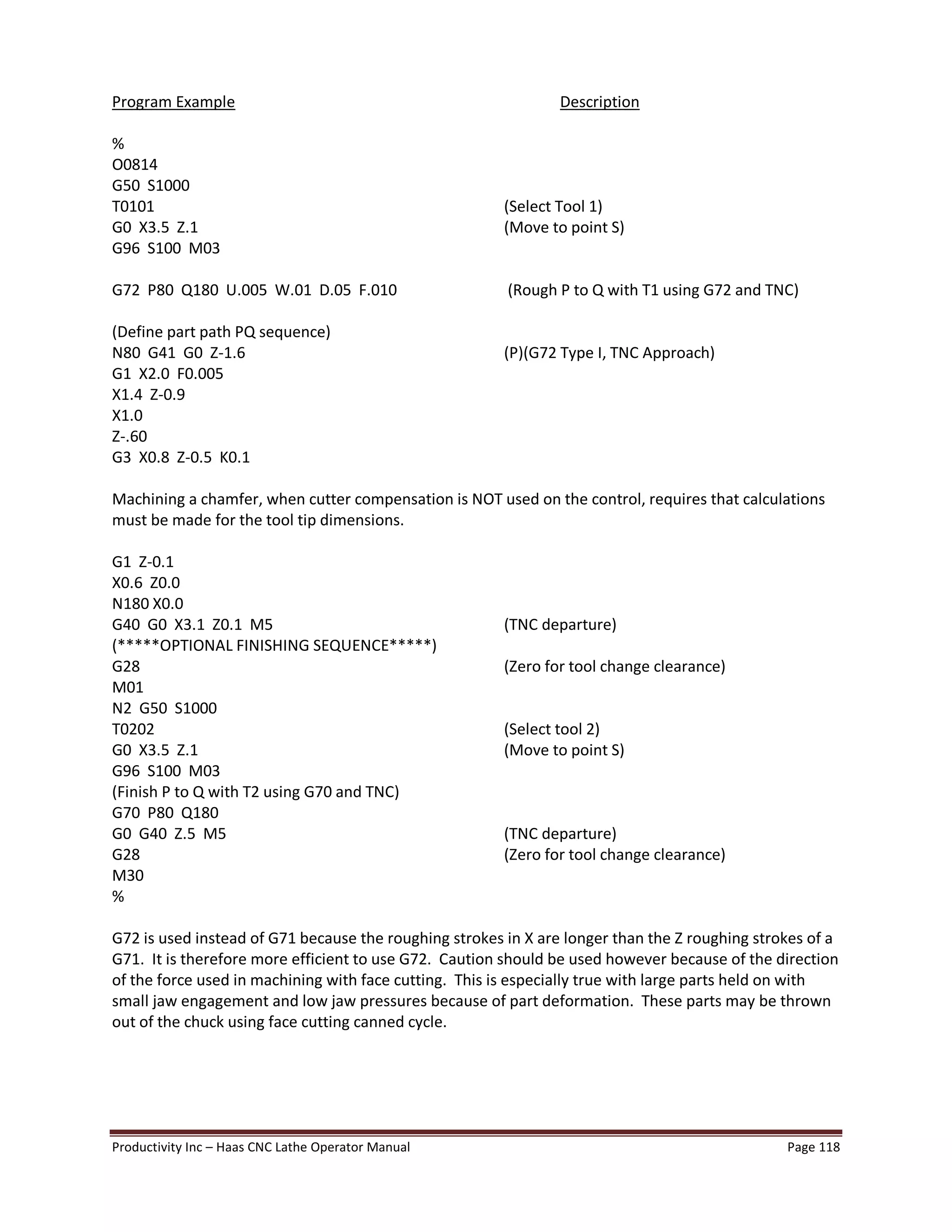 Productivity Inc Haas CNC Lathe Operator Manual Page 118
Program Example Description
%
O0814
G50 S1000
T0101 (Select Tool 1)
G0 X3.5 Z.1 (Move to point S)
G96 S100 M03
G72 P80 Q180 U.005 W.01 D.05 F.010 (Rough P to Q with T1 using G72 and TNC)
(Define part path PQ sequence)
N80 G41 G0 Z-1.6 (P)(G72 Type I, TNC Approach)
G1 X2.0 F0.005
X1.4 Z-0.9
X1.0
Z-.60
G3 X0.8 Z-0.5 K0.1
Machining a chamfer, when cutter compensation is NOT used on the control, requires that calculations
must be made for the tool tip dimensions.
G1 Z-0.1
X0.6 Z0.0
N180 X0.0
G40 G0 X3.1 Z0.1 M5 (TNC departure)
(*****OPTIONAL FINISHING SEQUENCE*****)
G28 (Zero for tool change clearance)
M01
N2 G50 S1000
T0202 (Select tool 2)
G0 X3.5 Z.1 (Move to point S)
G96 S100 M03
(Finish P to Q with T2 using G70 and TNC)
G70 P80 Q180
G0 G40 Z.5 M5 (TNC departure)
G28 (Zero for tool change clearance)
M30
%
G72 is used instead of G71 because the roughing strokes in X are longer than the Z roughing strokes of a
G71. It is therefore more efficient to use G72. Caution should be used however because of the direction
of the force used in machining with face cutting. This is especially true with large parts held on with
small jaw engagement and low jaw pressures because of part deformation. These parts may be thrown
out of the chuck using face cutting canned cycle.
 