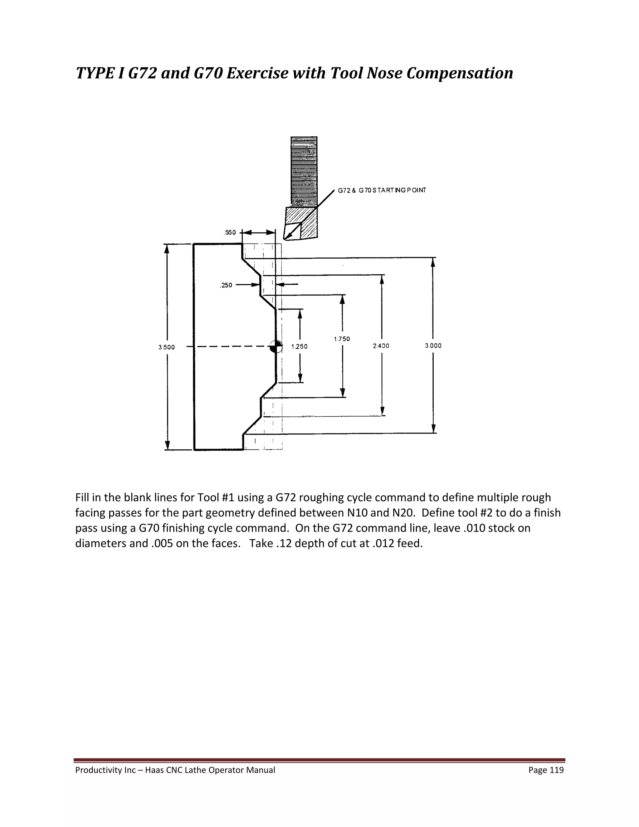 Productivity Inc Haas CNC Lathe Operator Manual Page 119
TYPE I G72 and G70 Exercise with Tool Nose Compensation
Fill in the blank lines for Tool #1 using a G72 roughing cycle command to define multiple rough
facing passes for the part geometry defined between N10 and N20. Define tool #2 to do a finish
pass using a G70 finishing cycle command. On the G72 command line, leave .010 stock on
diameters and .005 on the faces. Take .12 depth of cut at .012 feed.
 