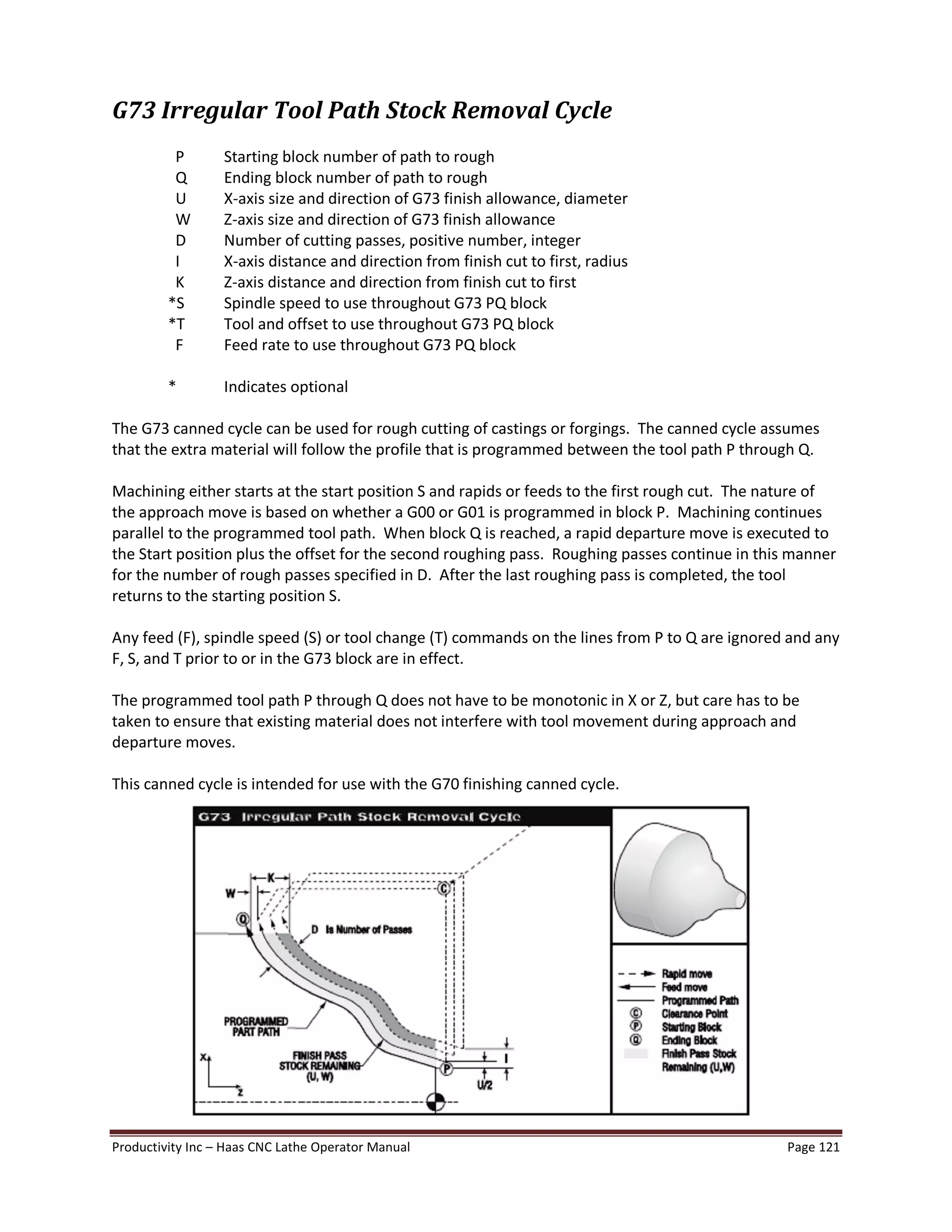 Productivity Inc Haas CNC Lathe Operator Manual Page 121
G73 Irregular Tool Path Stock Removal Cycle
P Starting block number of path to rough
Q Ending block number of path to rough
U X-axis size and direction of G73 finish allowance, diameter
W Z-axis size and direction of G73 finish allowance
D Number of cutting passes, positive number, integer
I X-axis distance and direction from finish cut to first, radius
K Z-axis distance and direction from finish cut to first
*S Spindle speed to use throughout G73 PQ block
*T Tool and offset to use throughout G73 PQ block
F Feed rate to use throughout G73 PQ block
* Indicates optional
The G73 canned cycle can be used for rough cutting of castings or forgings. The canned cycle assumes
that the extra material will follow the profile that is programmed between the tool path P through Q.
Machining either starts at the start position S and rapids or feeds to the first rough cut. The nature of
the approach move is based on whether a G00 or G01 is programmed in block P. Machining continues
parallel to the programmed tool path. When block Q is reached, a rapid departure move is executed to
the Start position plus the offset for the second roughing pass. Roughing passes continue in this manner
for the number of rough passes specified in D. After the last roughing pass is completed, the tool
returns to the starting position S.
Any feed (F), spindle speed (S) or tool change (T) commands on the lines from P to Q are ignored and any
F, S, and T prior to or in the G73 block are in effect.
The programmed tool path P through Q does not have to be monotonic in X or Z, but care has to be
taken to ensure that existing material does not interfere with tool movement during approach and
departure moves.
This canned cycle is intended for use with the G70 finishing canned cycle.
 