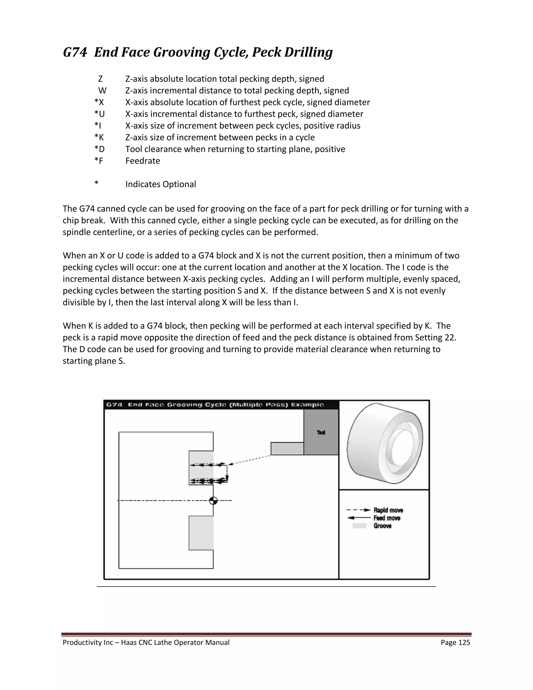 Productivity Inc Haas CNC Lathe Operator Manual Page 125
G74 End Face Grooving Cycle, Peck Drilling
Z Z-axis absolute location total pecking depth, signed
W Z-axis incremental distance to total pecking depth, signed
*X X-axis absolute location of furthest peck cycle, signed diameter
*U X-axis incremental distance to furthest peck, signed diameter
*I X-axis size of increment between peck cycles, positive radius
*K Z-axis size of increment between pecks in a cycle
*D Tool clearance when returning to starting plane, positive
*F Feedrate
* Indicates Optional
The G74 canned cycle can be used for grooving on the face of a part for peck drilling or for turning with a
chip break. With this canned cycle, either a single pecking cycle can be executed, as for drilling on the
spindle centerline, or a series of pecking cycles can be performed.
When an X or U code is added to a G74 block and X is not the current position, then a minimum of two
pecking cycles will occur: one at the current location and another at the X location. The I code is the
incremental distance between X-axis pecking cycles. Adding an I will perform multiple, evenly spaced,
pecking cycles between the starting position S and X. If the distance between S and X is not evenly
divisible by I, then the last interval along X will be less than I.
When K is added to a G74 block, then pecking will be performed at each interval specified by K. The
peck is a rapid move opposite the direction of feed and the peck distance is obtained from Setting 22.
The D code can be used for grooving and turning to provide material clearance when returning to
starting plane S.
 