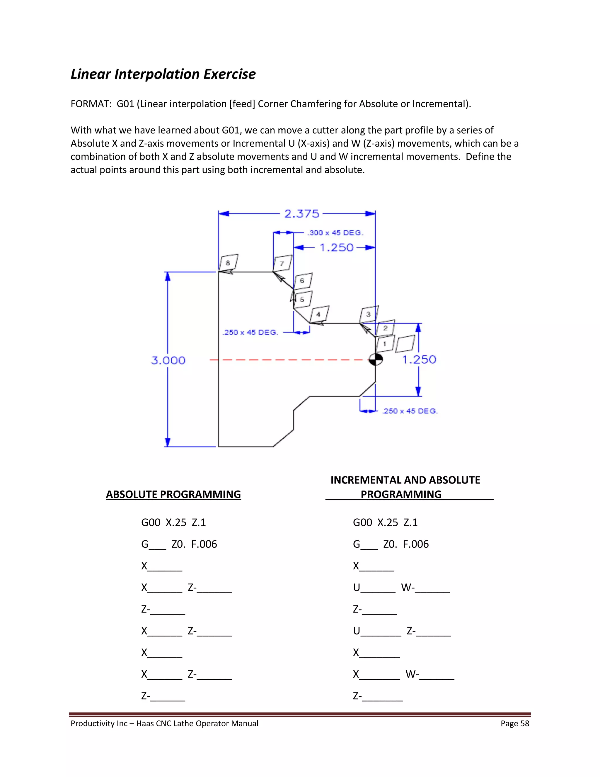 Productivity Inc Haas CNC Lathe Operator Manual Page 58
Linear Interpolation Exercise
FORMAT: G01 (Linear interpolation [feed] Corner Chamfering for Absolute or Incremental).
With what we have learned about G01, we can move a cutter along the part profile by a series of
Absolute X and Z-axis movements or Incremental U (X-axis) and W (Z-axis) movements, which can be a
combination of both X and Z absolute movements and U and W incremental movements. Define the
actual points around this part using both incremental and absolute.
INCREMENTAL AND ABSOLUTE
ABSOLUTE PROGRAMMING PROGRAMMING
G00 X.25 Z.1 G00 X.25 Z.1
G___ Z0. F.006 G___ Z0. F.006
X______ X______
X______ Z-______ U______ W-______
Z-______ Z-______
X______ Z-______ U_______ Z-______
X______ X_______
X______ Z-______ X_______ W-______
Z-______ Z-_______
 